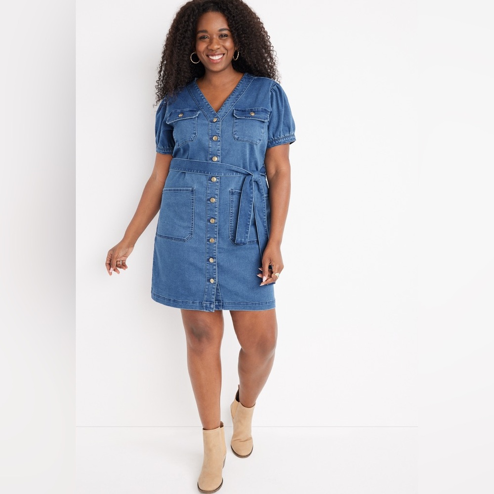 Maurice’s XL v neck puffed sleeve button down denim dress with front pockets NWT